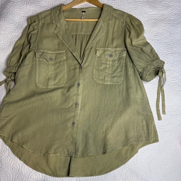 Free People Green Relaxed Linen Blend Button Down Top size Large - Picture 8 of 12